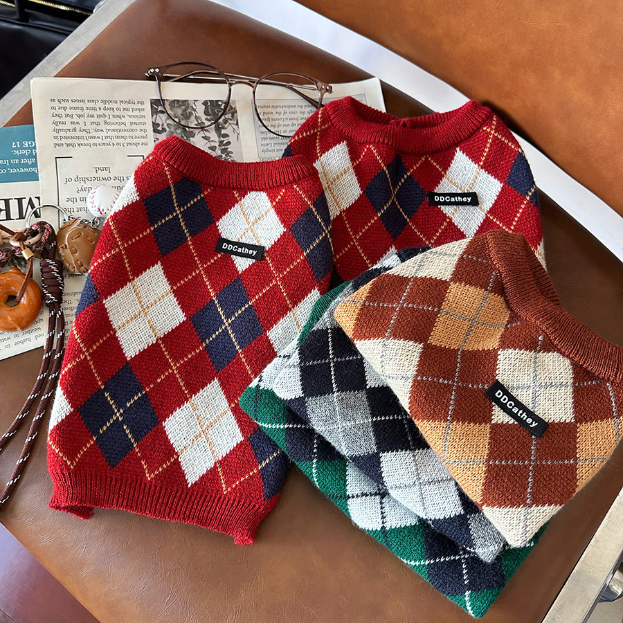 STAYPAW Classic Plaid Knit Dog Sweater for Small Dogs and Cats, XXS-XXL