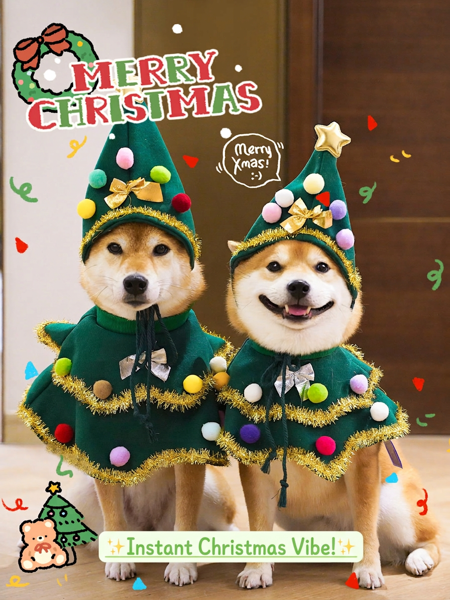 STAYPAW Walking Christmas Tree Dog Costume Set, Festive Holiday Scarf & Hat